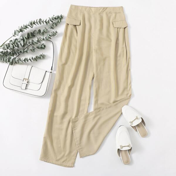 

Flap Detail Solid Wide Leg Pants, Khaki