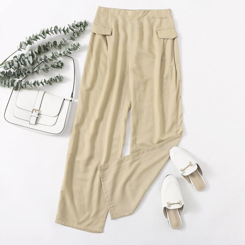 

Flap Detail Solid Wide Leg Pants, Khaki