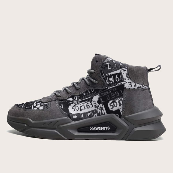 

Men Lace Up Decor Letter Graphic Chunky Sneakers, Dark grey