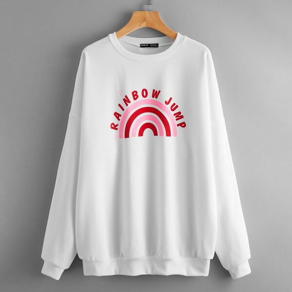 

Rainbow & Letter Graphic Drop Shoulder Sweatshirt, White