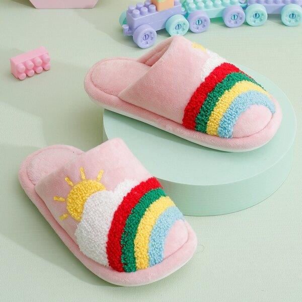 

Girls Colorblock Wide Fit Fluffy Slippers, Pink