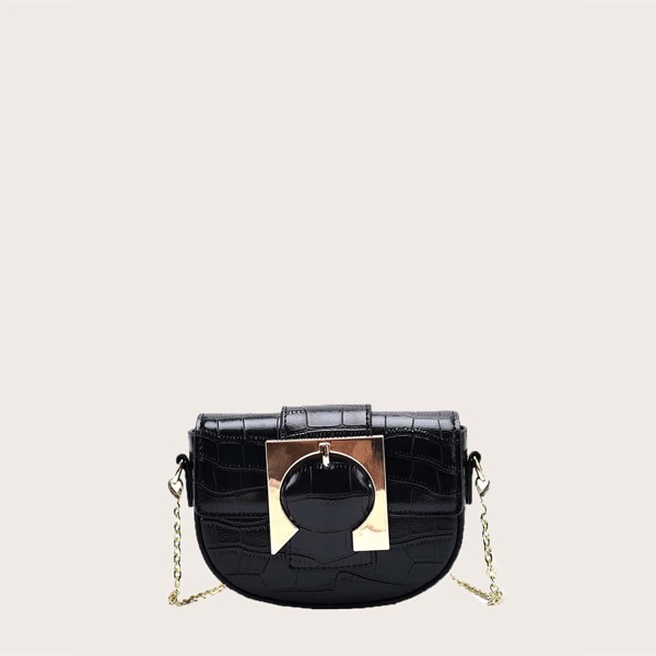 

Pin Buckle Decor Croc Embossed Saddle Bag, Black