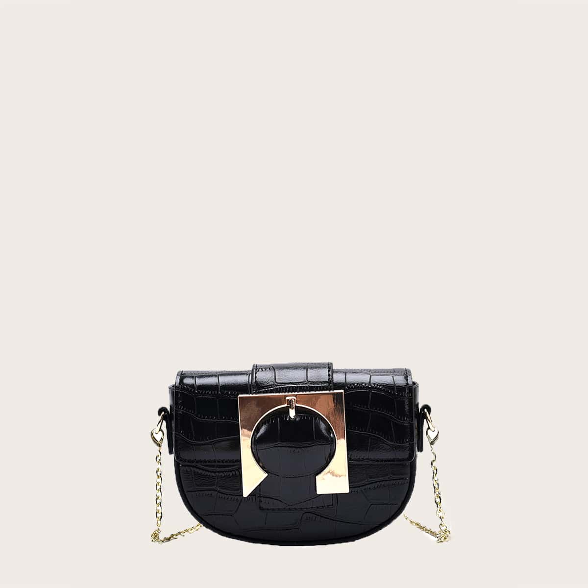 

Pin Buckle Decor Croc Embossed Saddle Bag, Black