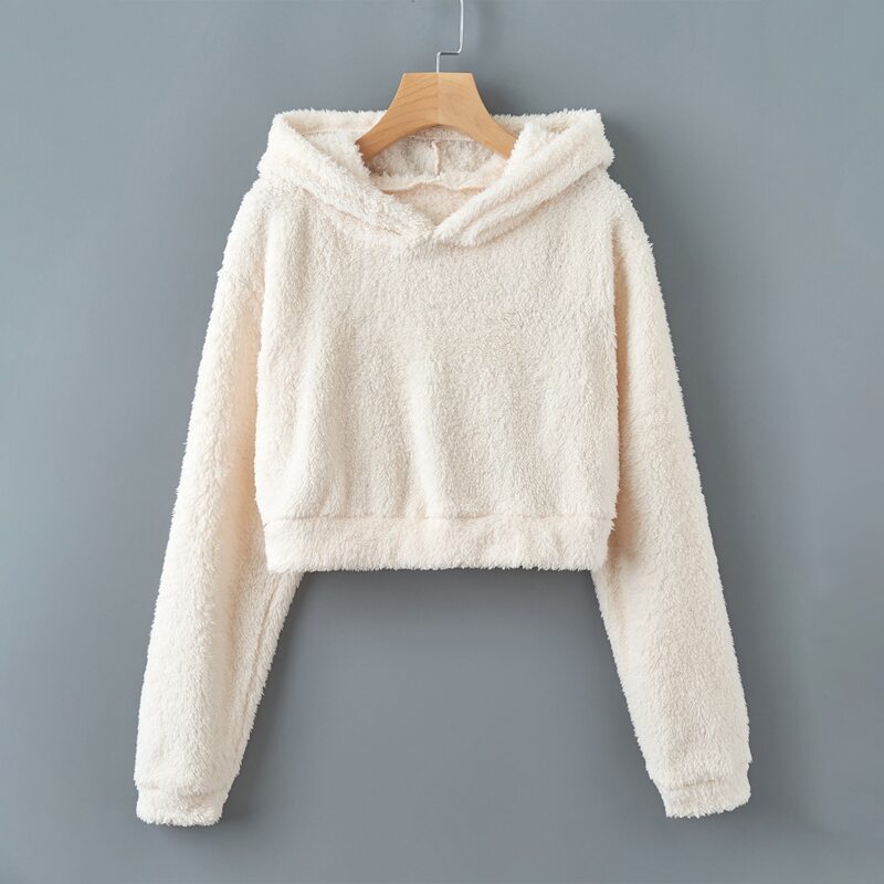 

Solid Crop Teddy Sweatshirt, Beige