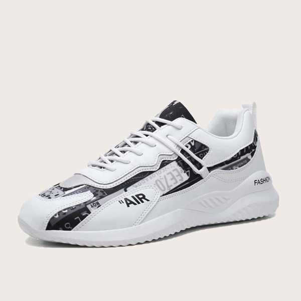 

Men Lace-up Front Letter Graphic Sneakers, Black and white