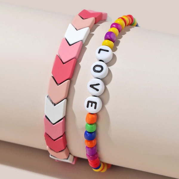 

2pcs Letter Beaded Bracelet, Multicolor