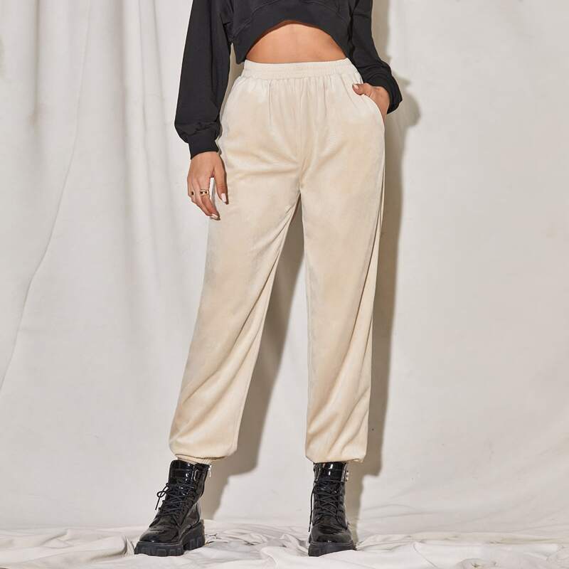 

Elastic Waist Solid Sweatpants, Beige