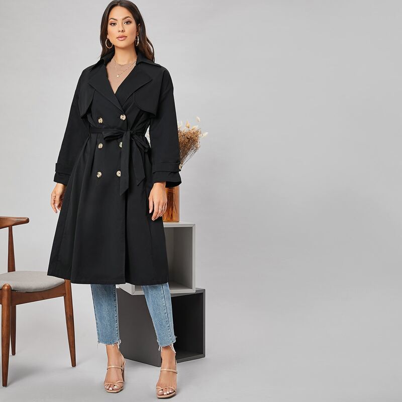 

Slogan Graphic Self Belted Double Button Trench Coat, Black