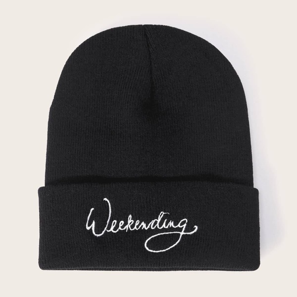 

Letter Embroidery Cuffed Beanie, Black