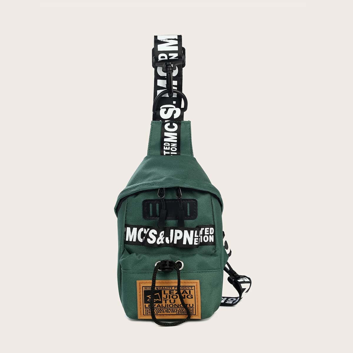 

Letter Graphic Sling Bag With Drawstring, Green