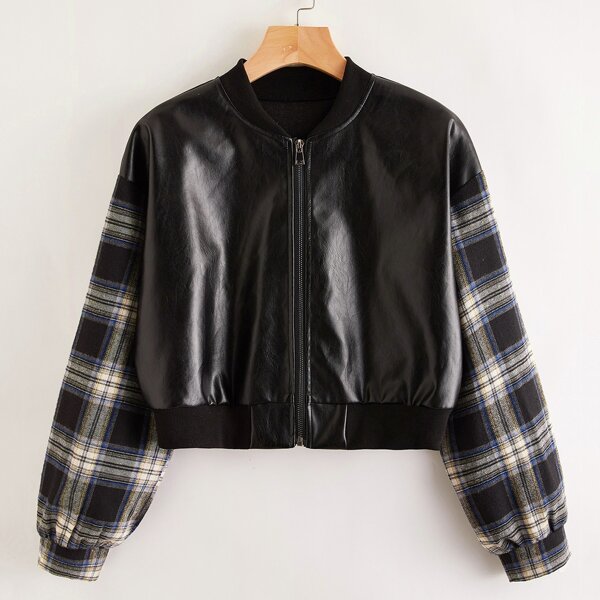 

Contrast Plaid Sleeve PU Bomber Jacket, Black