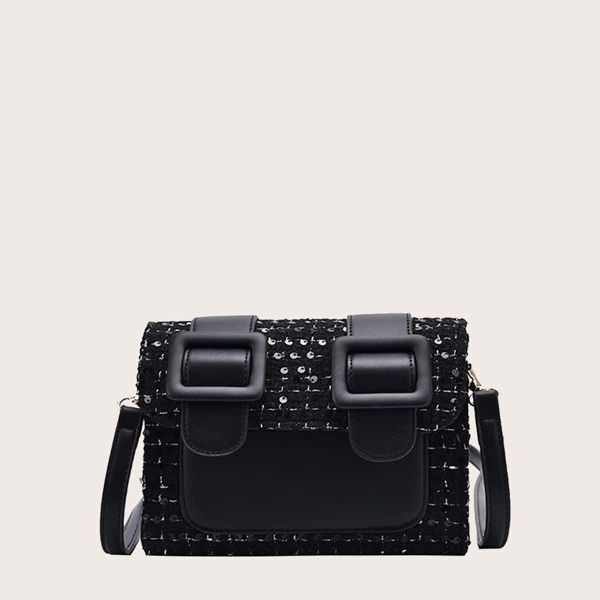 

Buckle Decor Tweed Crossbody Bag, Black