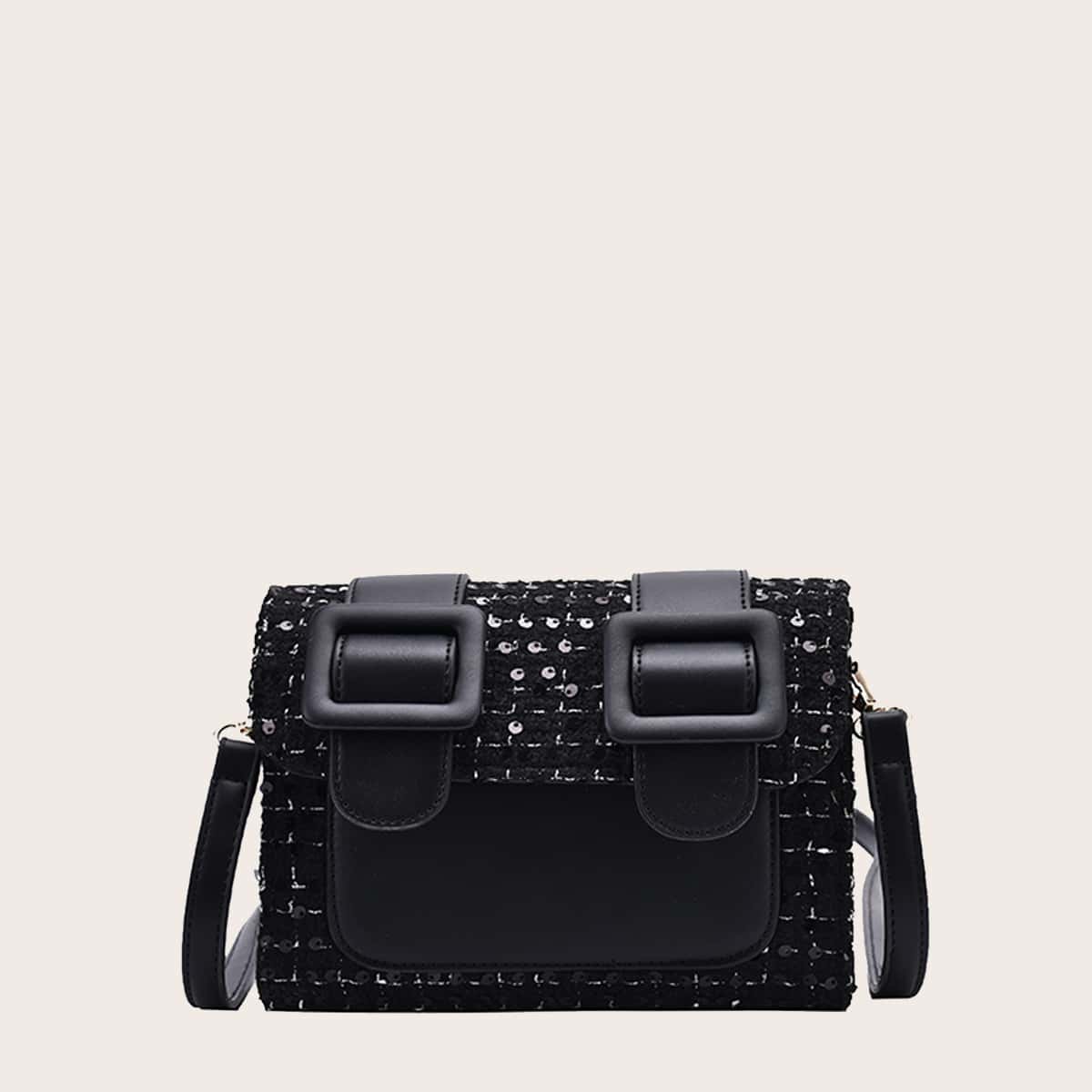 

Buckle Decor Tweed Crossbody Bag, Black