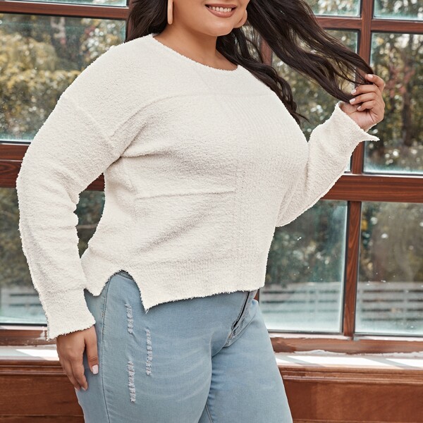 

Plus Drop Shoulder Slit Hem Sweater, White