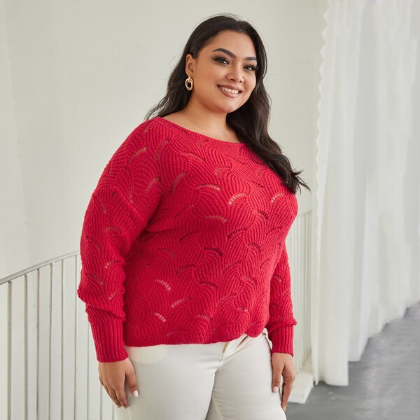 

Plus Drop Shoulder Open Knit Sweater, Rose red