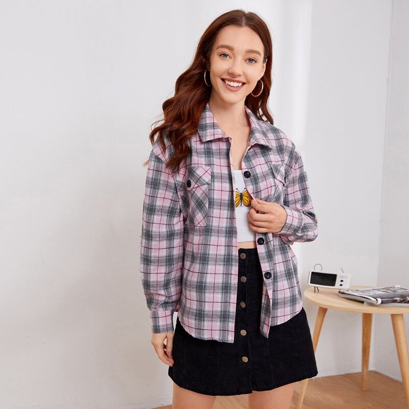 

Plaid Button Front Oversized Blouse, Multicolor