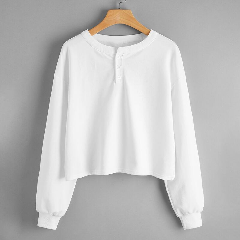 

Solid Button Sweatshirt, White