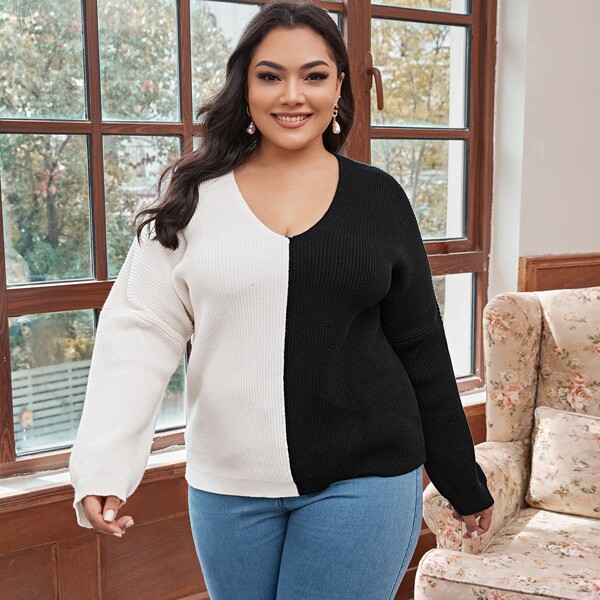 

Plus Drop Shoulder Two Tone Sweater, Black and white