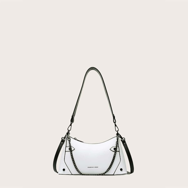 

Studded Decor Zip Up Baguette Bag, White