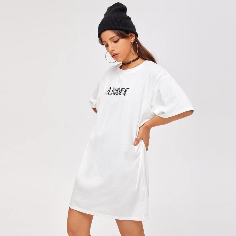 

Letter Embroidery Tee Dress, White