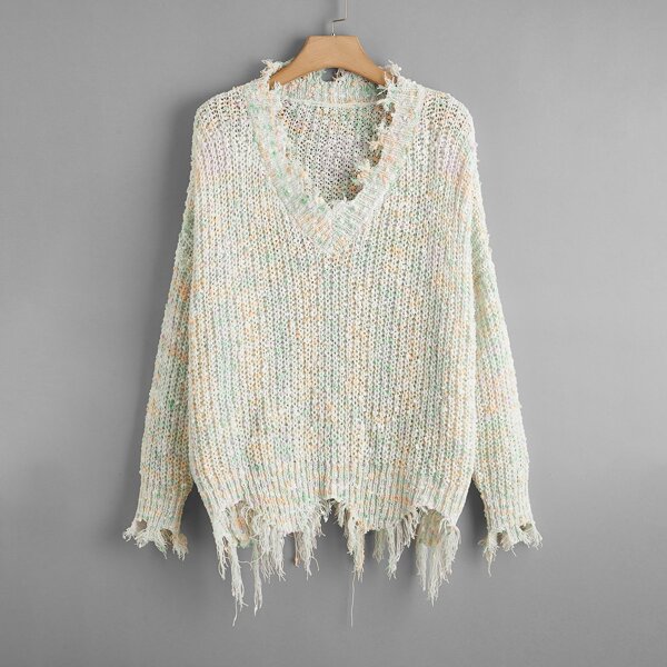 

Plus V-neck Drop Shoulder Distressed Sweater, Multicolor