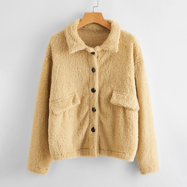 

Flap Pocket Button Front Teddy Jacket, Khaki