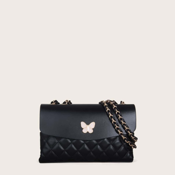 

Butterfly Decor Quilted Crossbody Bag, Black
