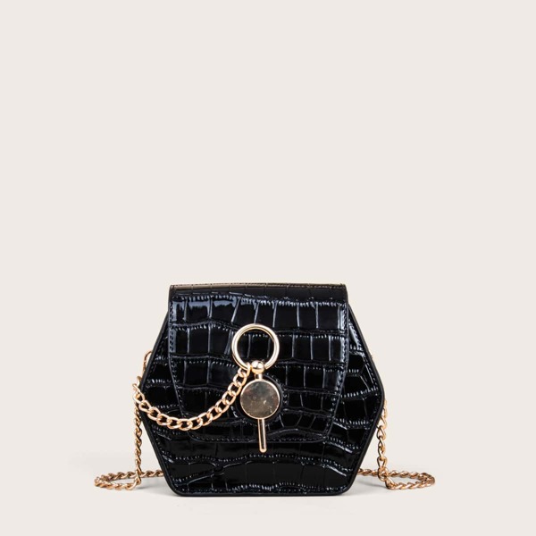 

Croc Embossed Polygon Shaped Chain Bag, Black