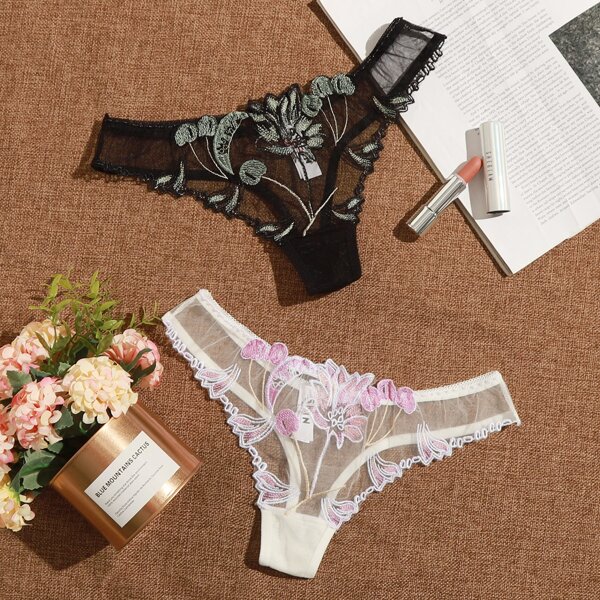 

2pack Embroidered Mesh Panty Set, Black and white