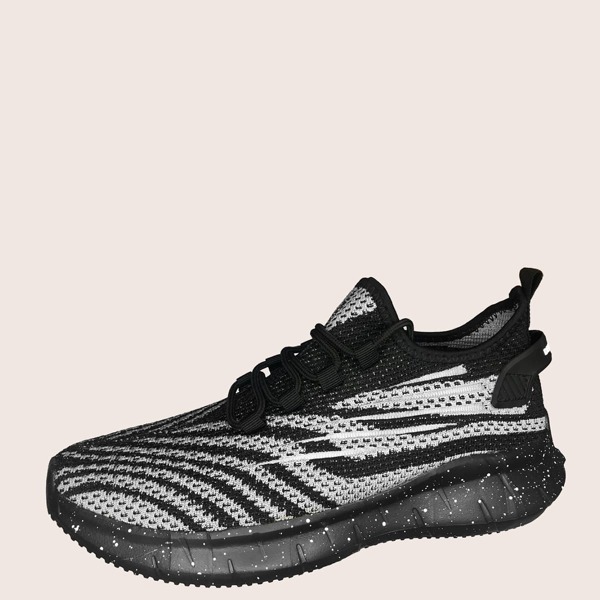 

Men Lace Up Decor Wide Fit Knit Sneakers, Black
