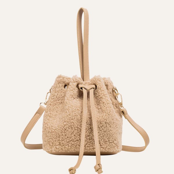 

Faux Shearling Drawstring Decor Bucket Bag, Khaki