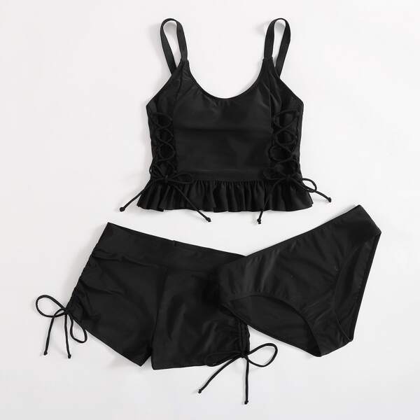 

3pack Ruffle Hem Lace-up Bikini Swimsuit, Black