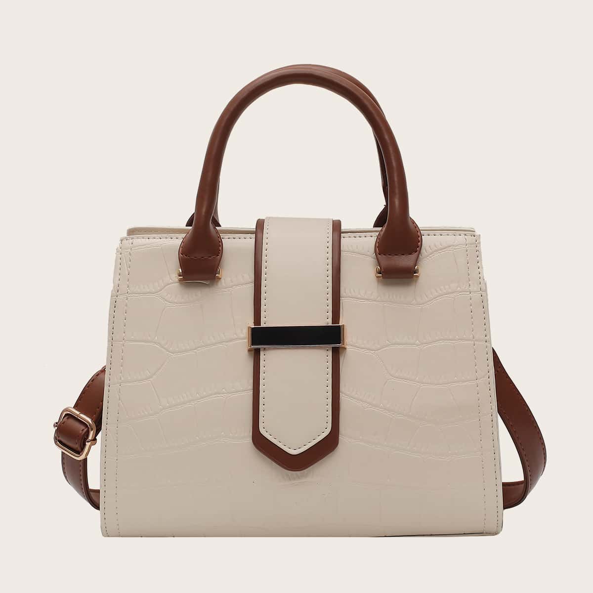 

Croc Embossed Double Handle Satchel Bag, Beige