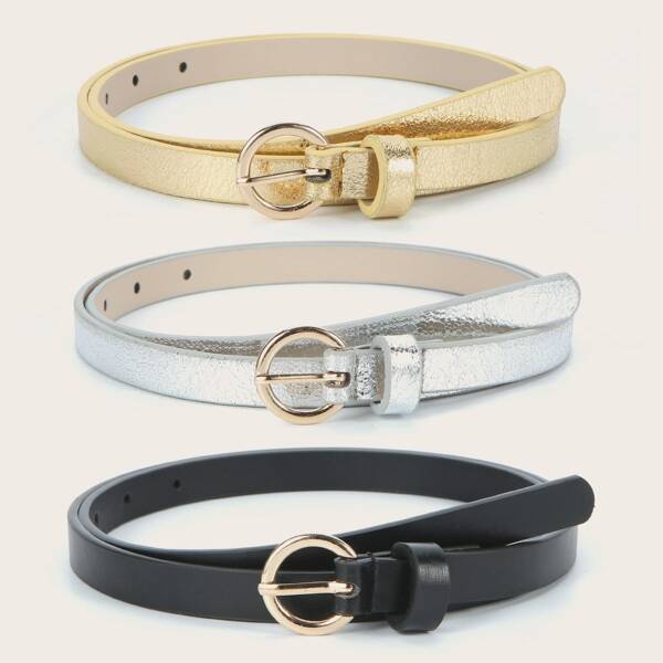 

3pcs Round Buckle Belt, Multicolor