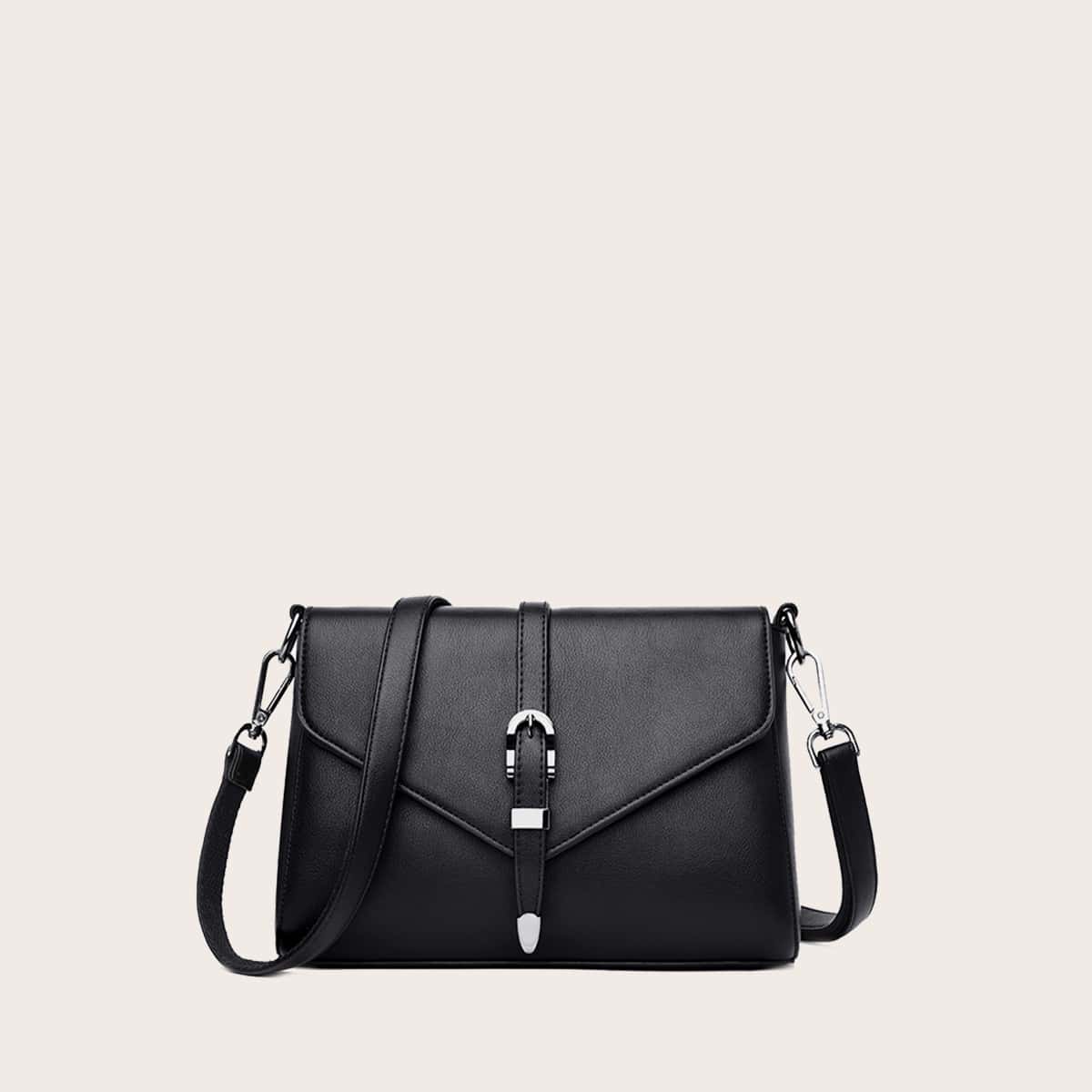 

Pin Buckle Decor Flap Crossbody Bag, Black