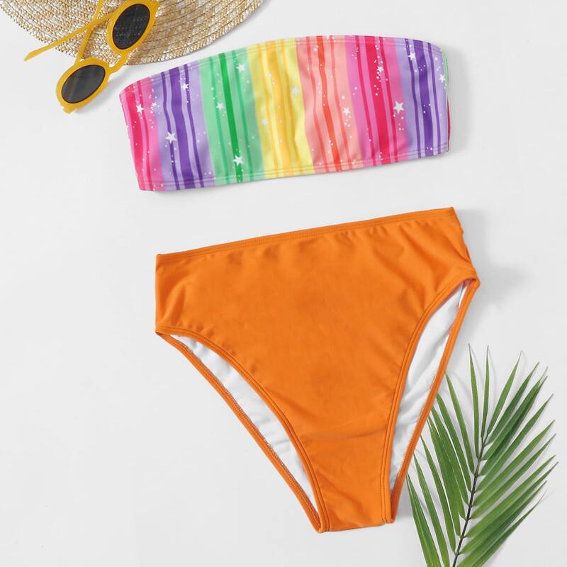 

Rainbow Stripe Bandeau High Waist Bikini Swimsuit, Multicolor