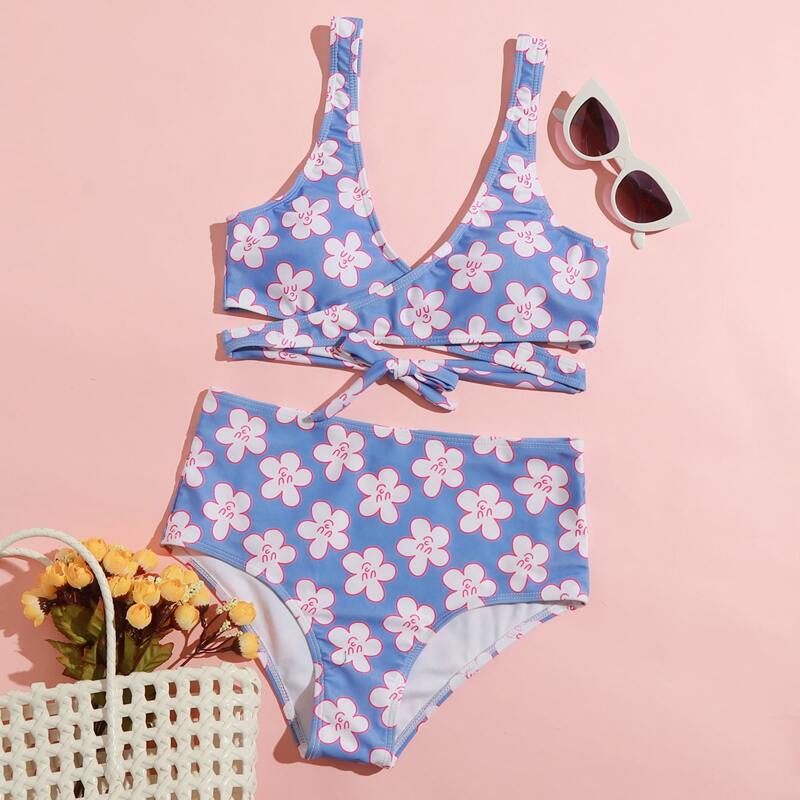 

Floral Wrap High Waist Bikini Swimsuit, Multicolor