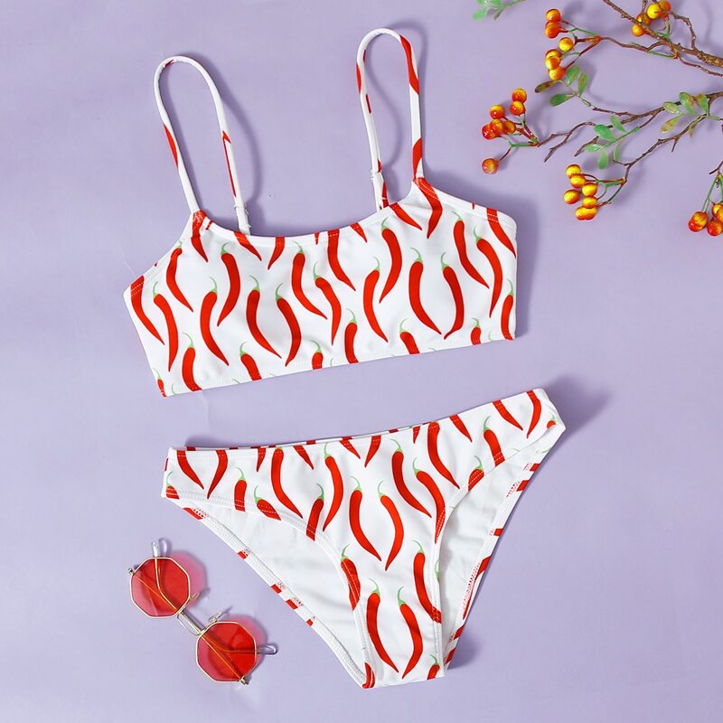 

Chili Print Cami Bikini Swimsuit, Red and white