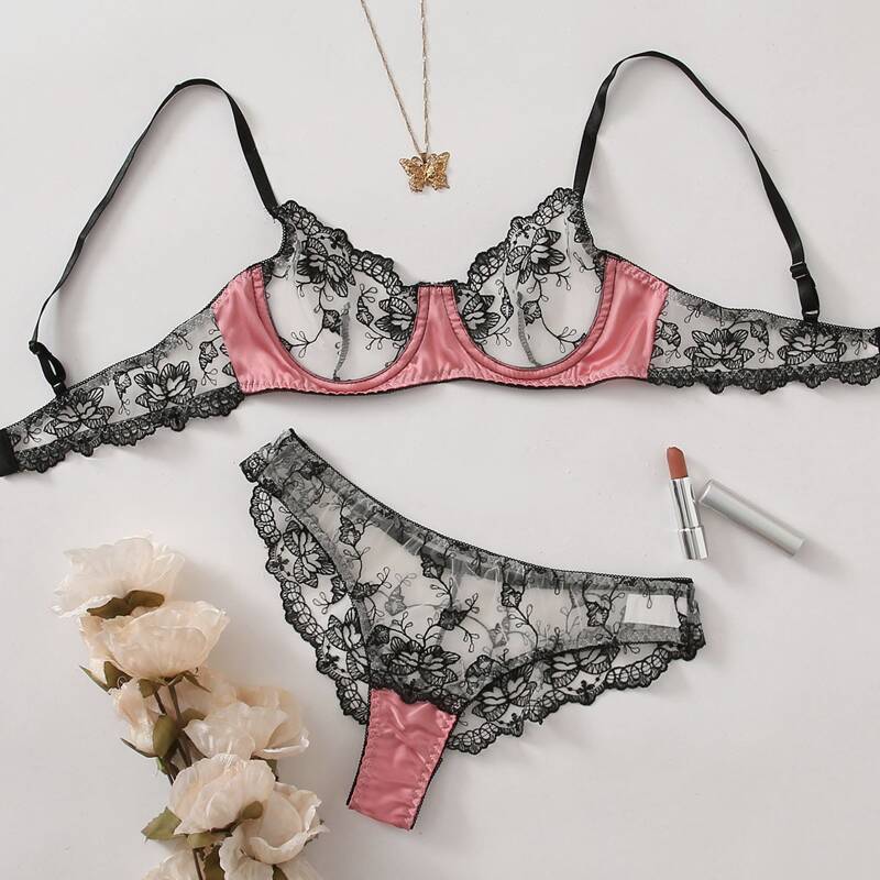 

Embroidered Mesh Underwire Lingerie Set, Black