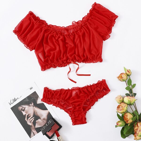 

Mesh Frill Trim Sheer Bardot Lingerie Set, Red
