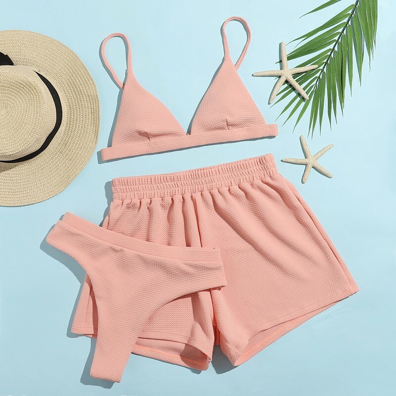 

3pack Seersucker Triangle Thong Bikini Swimsuit & Shorts, Baby pink