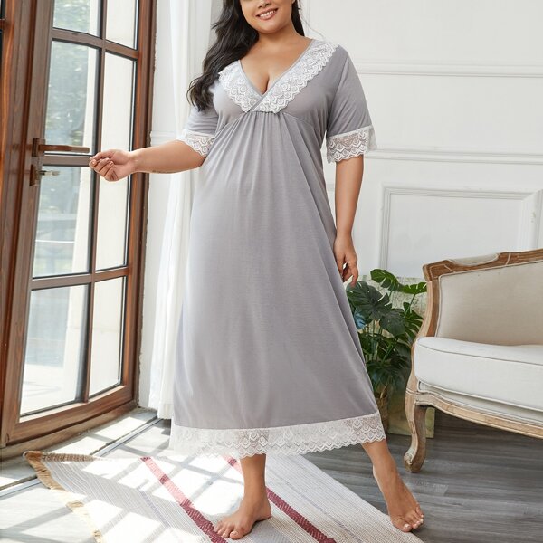 

Plus Plunging Neck Lace Panel Night Dress, Grey