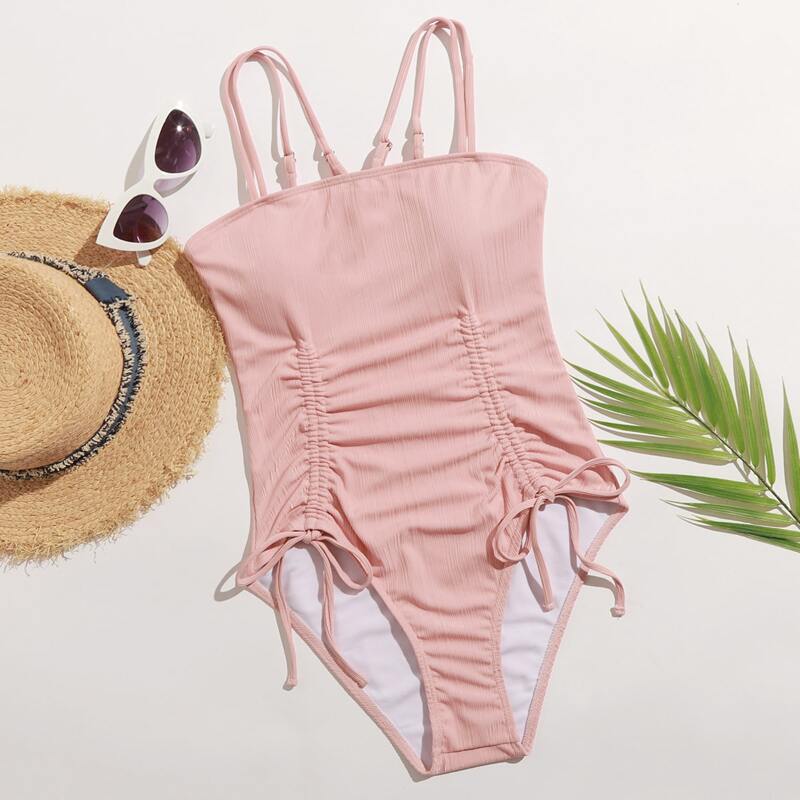 

Double Strap Drawstring One Piece Swimsuit, Pink pastel