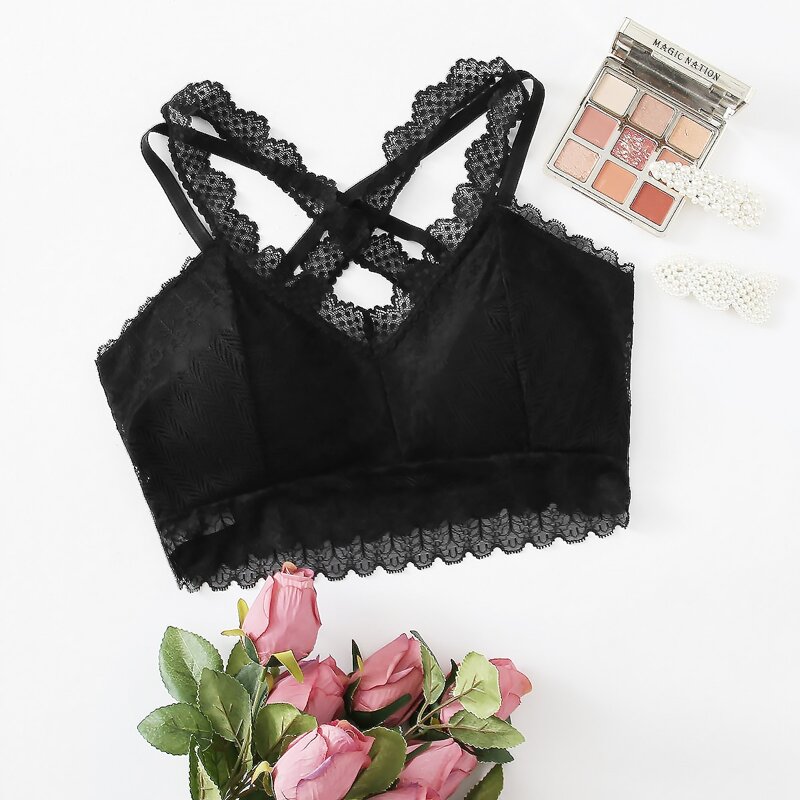 

Floral Lace Crisscross Bralette, Black