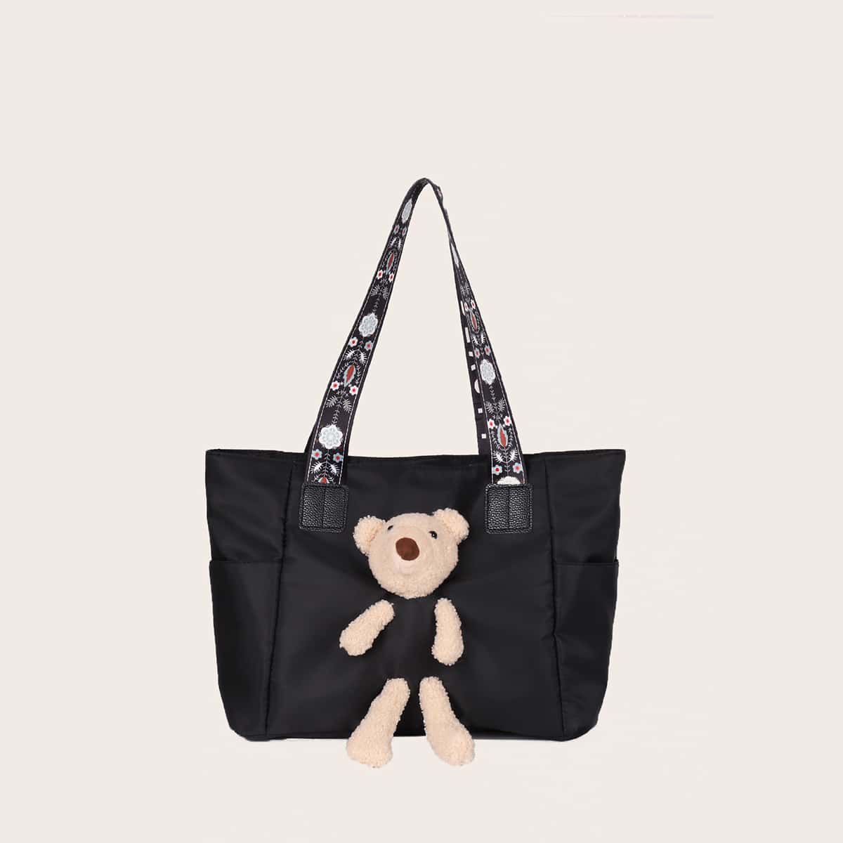 

Plush Bear Decor Tote Bag, Black