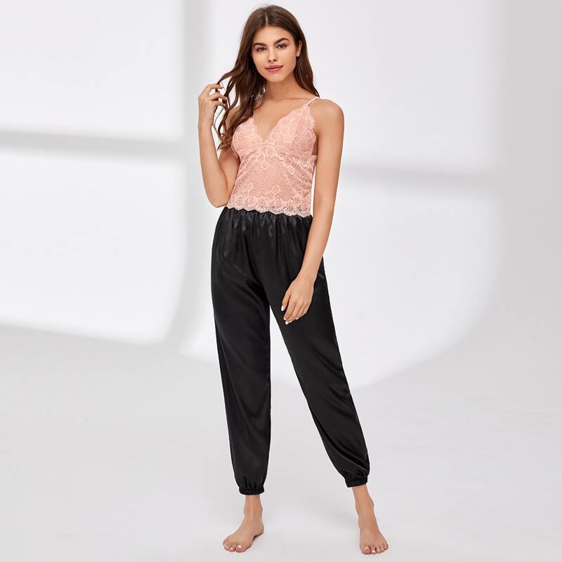 

Floral Lace Longline Bralette & Satin Pants, Multicolor