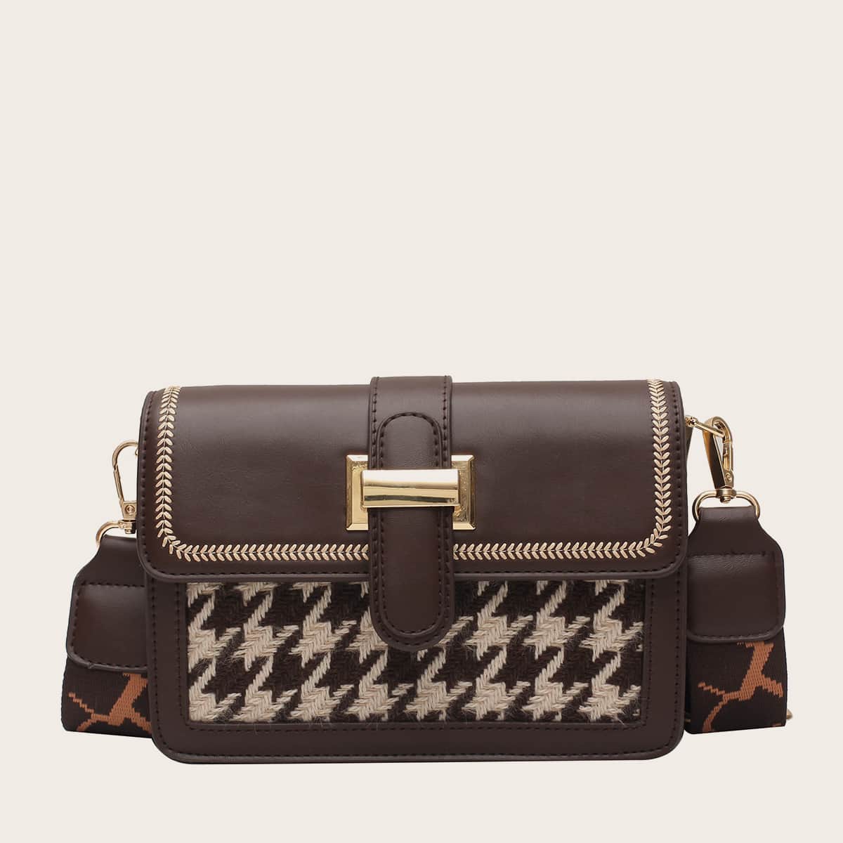 

Houndstooth Crossbody Bag, Brown