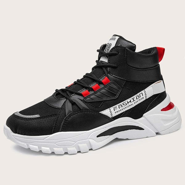 

Men Lace-up Front Chinese Latter Graphic Sneakers, Black