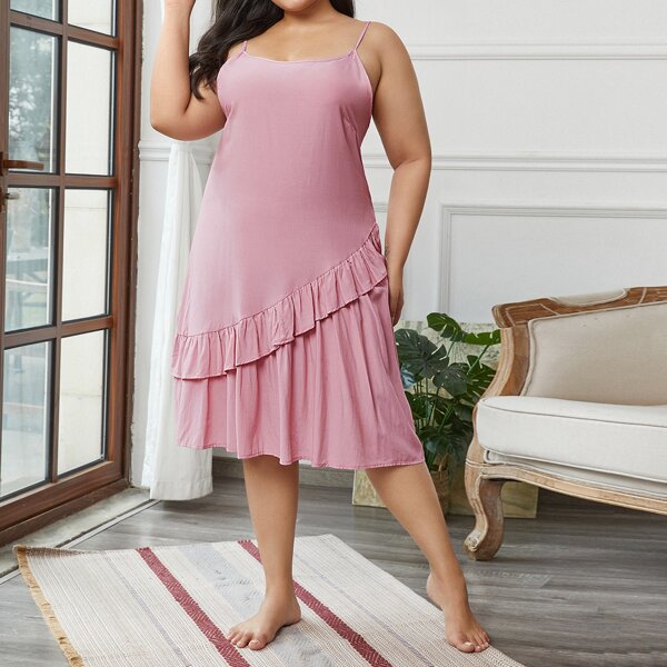 

Plus Ruffle Trim Solid Cami Night Dress, Baby pink