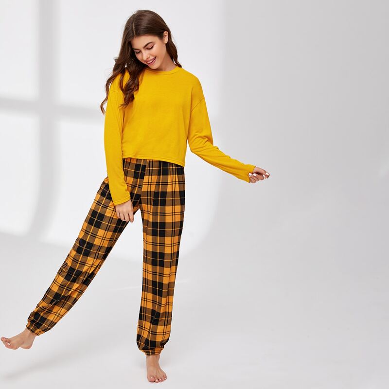 

Drop Shoulder Tee & Plaid Pants PJ Set, Multicolor